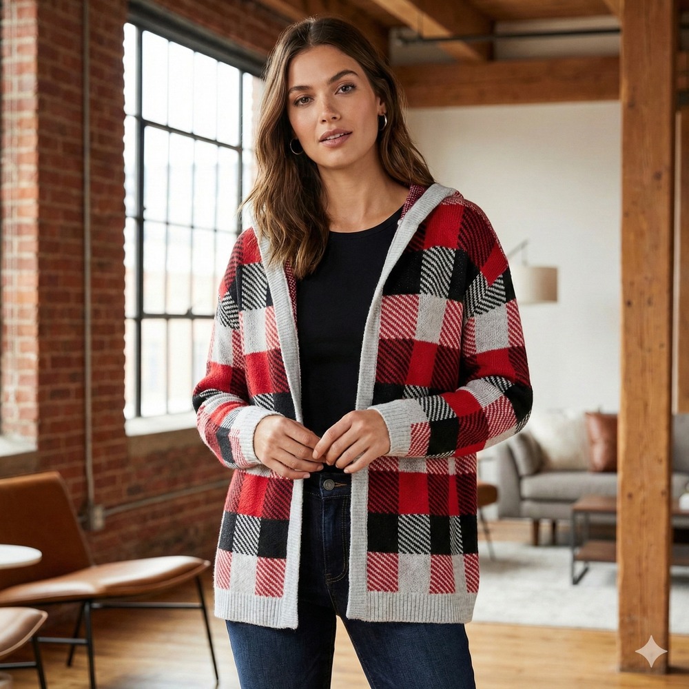 J.JILL Plaid Hooded Cardigan Sweater Red Black Cabin Cozy Women XL Snap Button